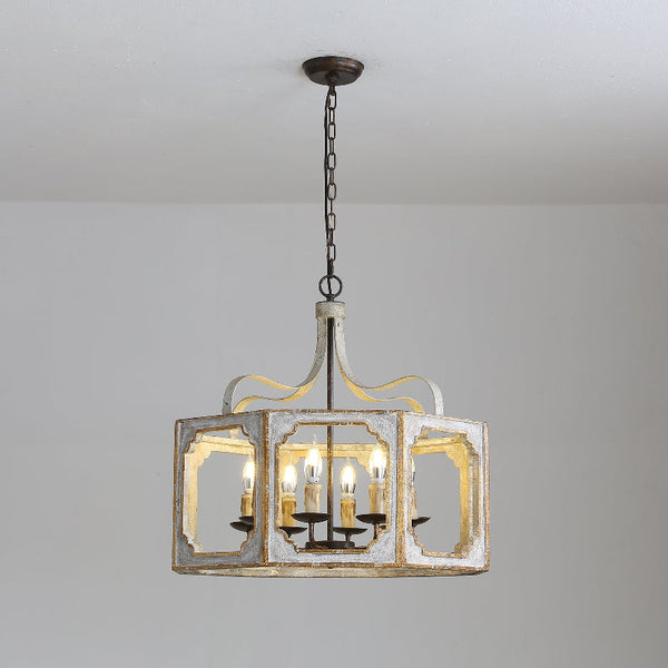 rustic distressed wood iron 8 light candle pendant lamp