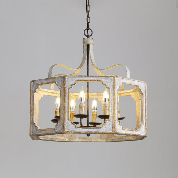 rustic distressed wood iron 8 light candle pendant lamp