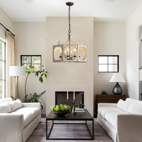 rustic distressed wood iron 8 light candle pendant lamp