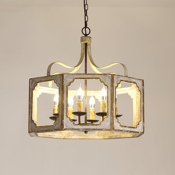 rustic distressed wood iron 8 light candle pendant lamp