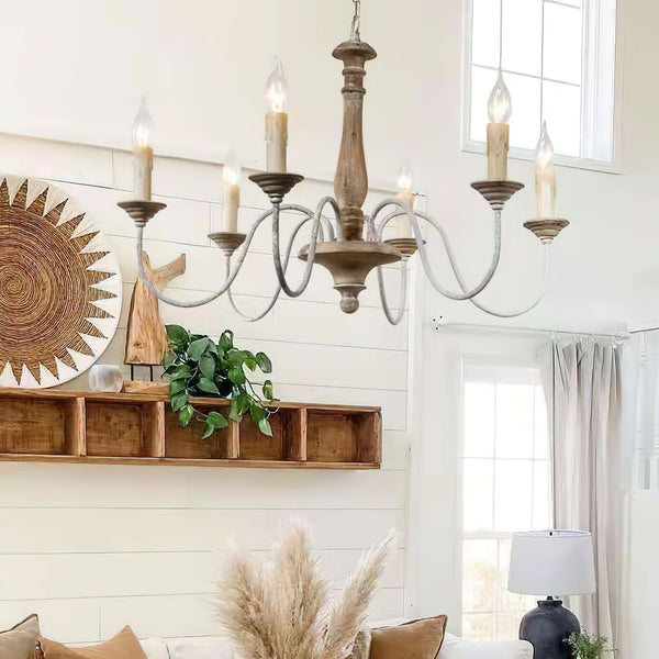 rustic old wood hand carved iron 6 light chandelier