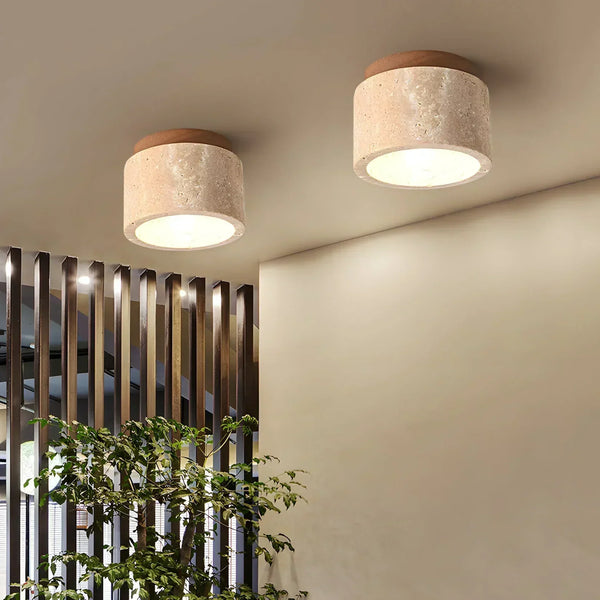 scandinavian beige travertine wood cylinder ceiling light