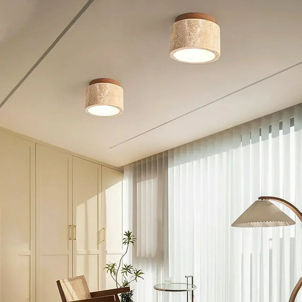 scandinavian beige travertine wood cylinder ceiling light