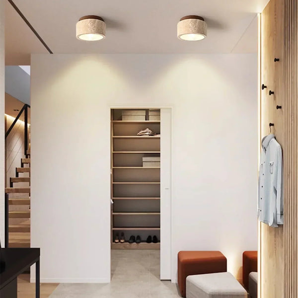 scandinavian beige travertine wood cylinder ceiling light