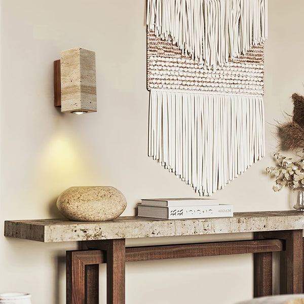 scandinavian yellow travertine wood cylinder wall sconce