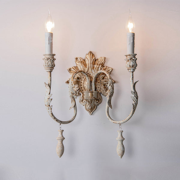 traditional old white iron two light wall sconce