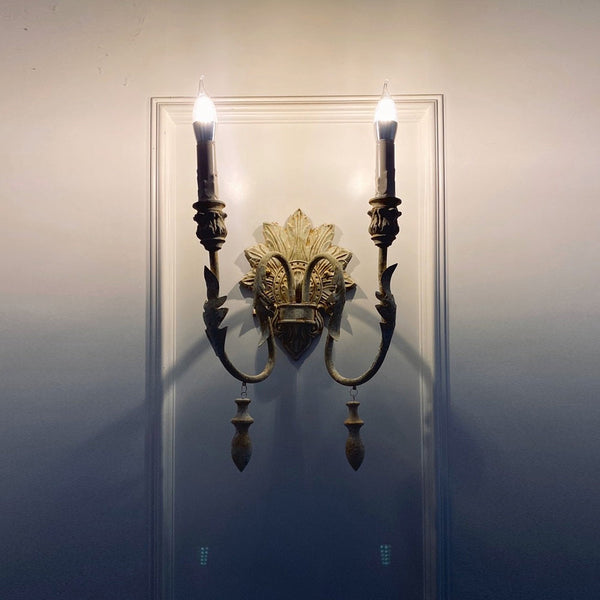 traditional old white iron two light wall sconce