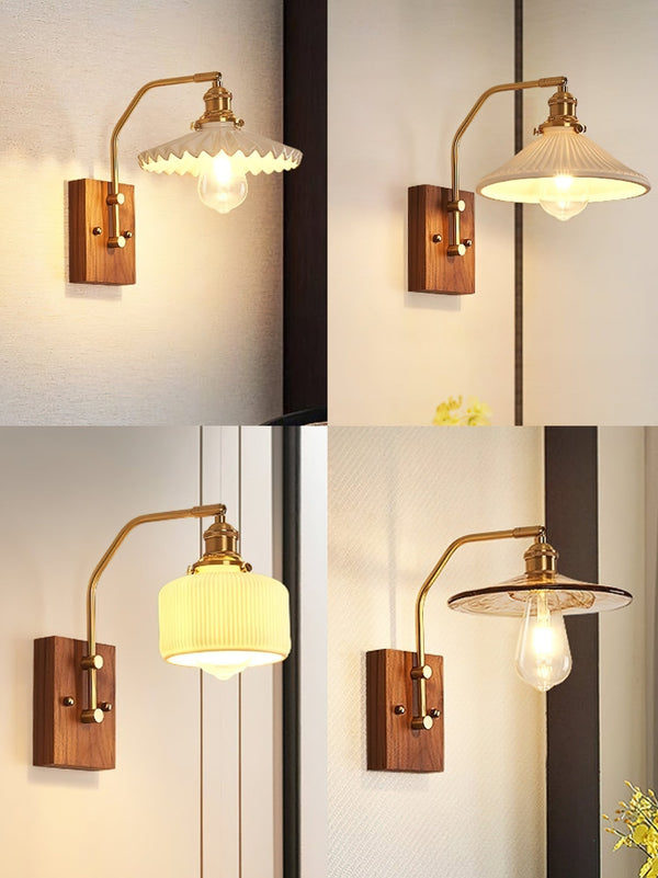 traditional walnut brass glass wall sconce