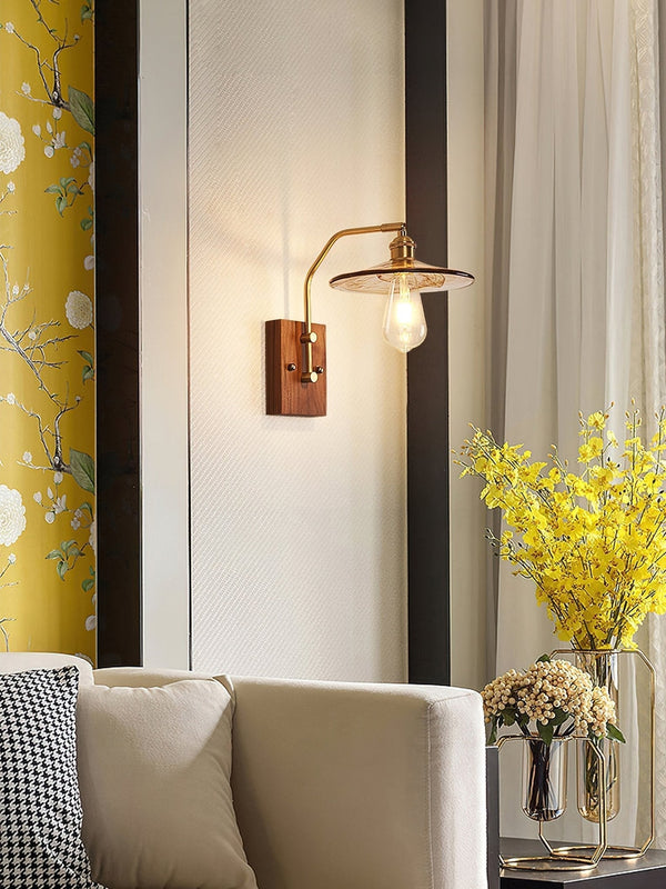 traditional walnut brass glass wall sconce
