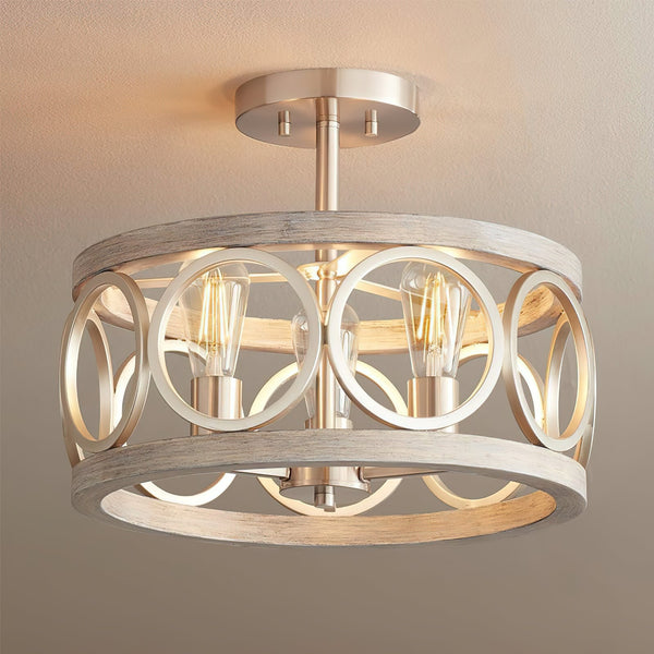 transitional black walnut wood iron semi flush ceiling light