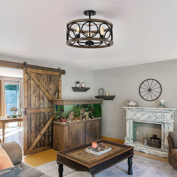 transitional black walnut wood iron semi flush ceiling light