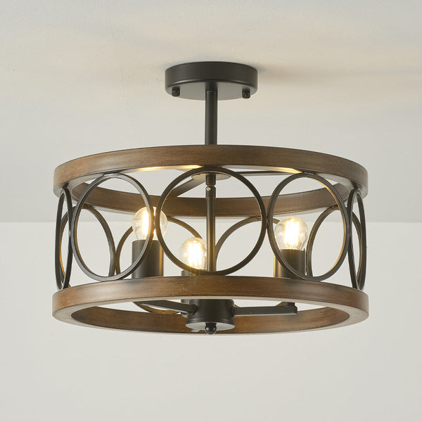 transitional black walnut wood iron semi flush ceiling light