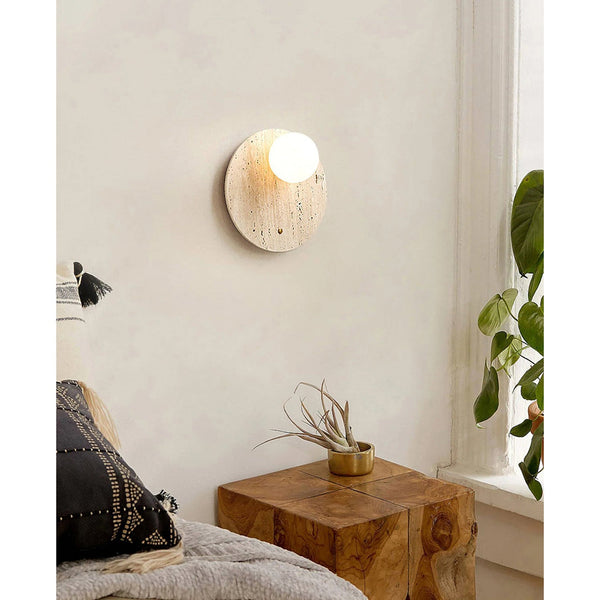 wabi sabi beige travertine glass round wall lamp