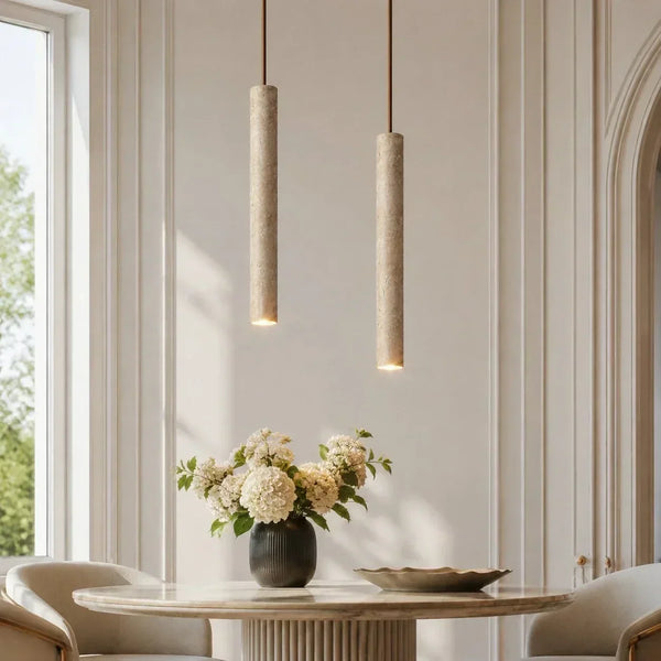 wabi sabi cylinder travertine pendant light kitchen island