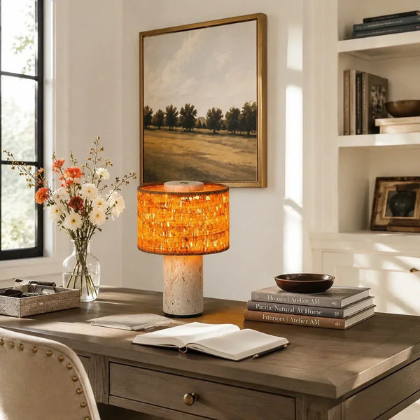 wabi sabi neutral travertine drum fabric table lamp