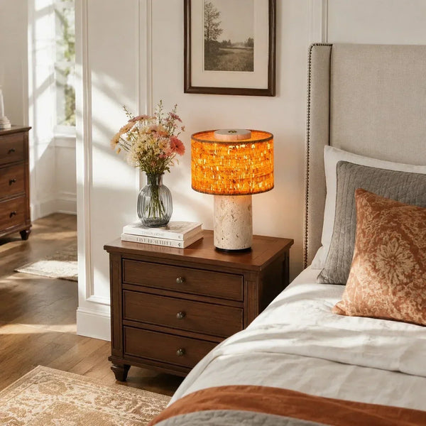 wabi sabi neutral travertine drum fabric table lamp