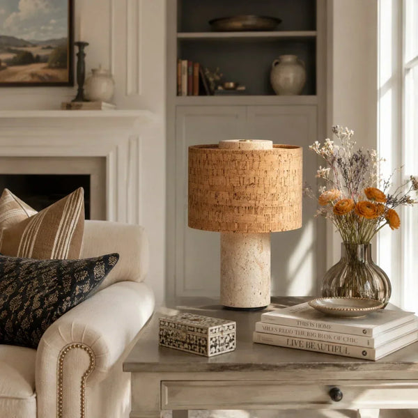 wabi sabi neutral travertine drum fabric table lamp