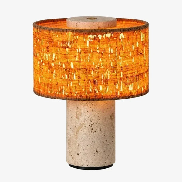 wabi sabi neutral travertine drum fabric table lamp