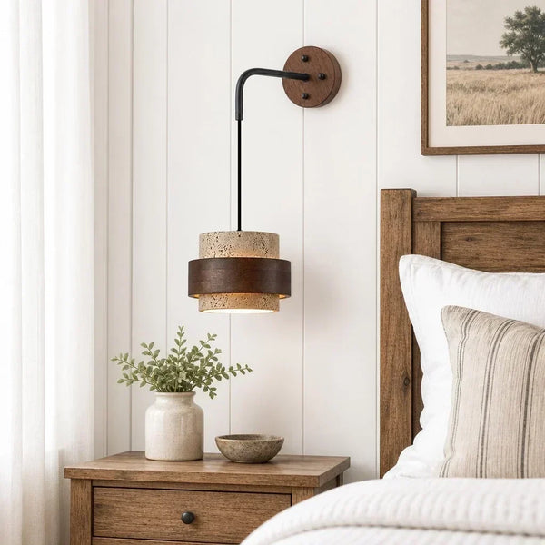 wabi sabi travertine cylinder wall sconce matte black