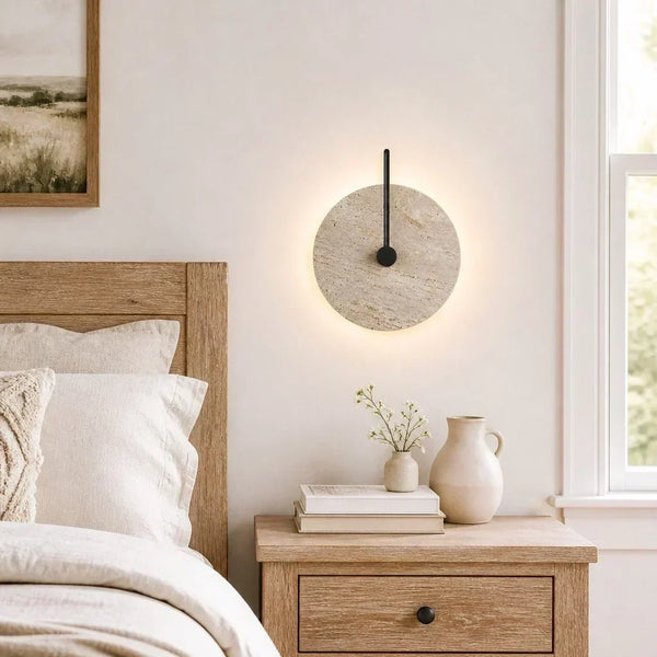 wabi sabi travertine disc wall sconce matte black