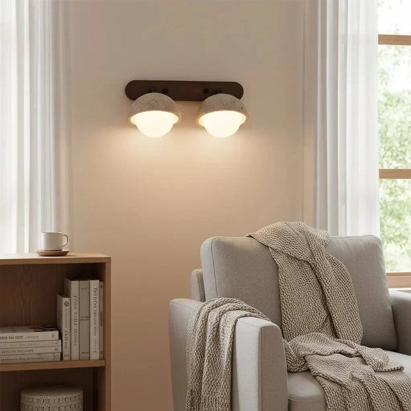 wabi sabi travertine walnut globe wall sconce
