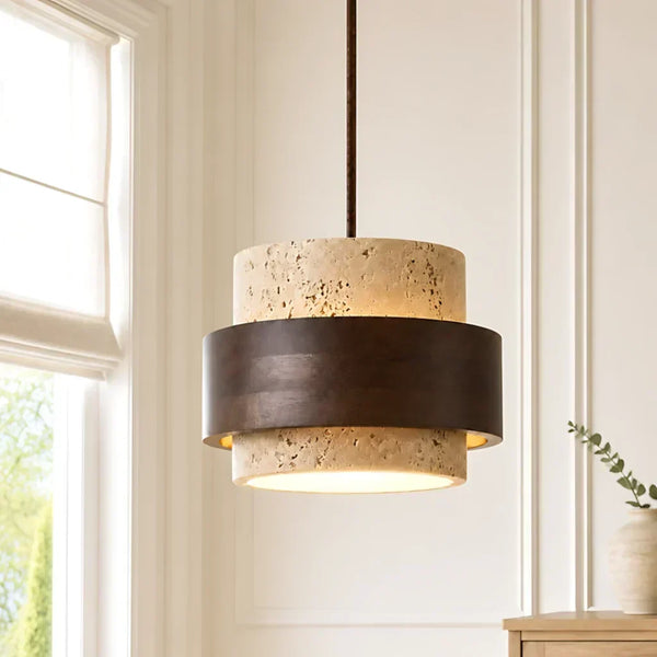 wabi sabi travertine wood cylindrical pendant light