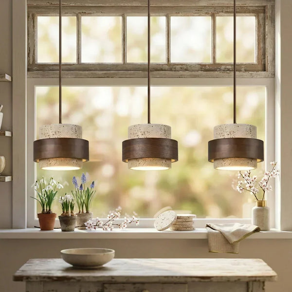 wabi sabi travertine wood cylindrical pendant light