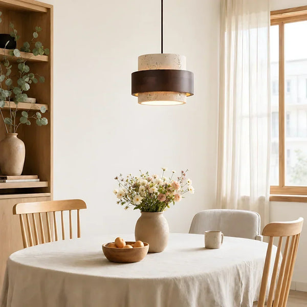 wabi sabi travertine wood cylindrical pendant light