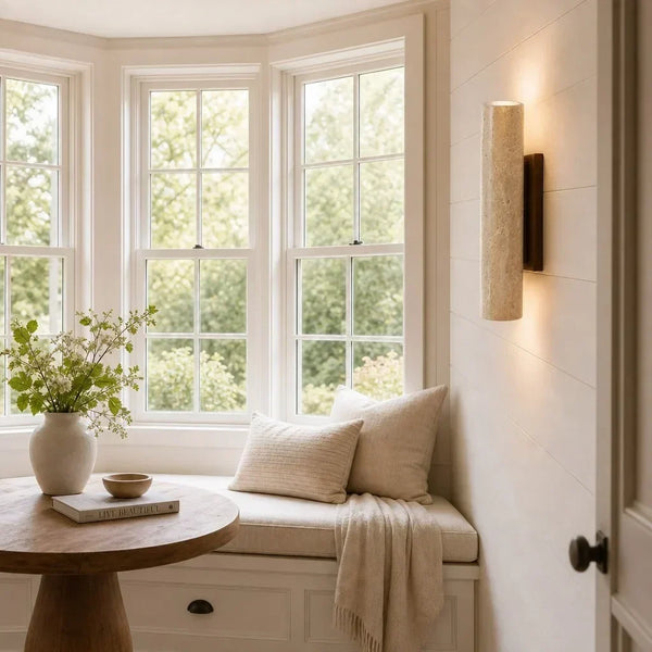 wabi sabi travertine wood tall column wall sconce