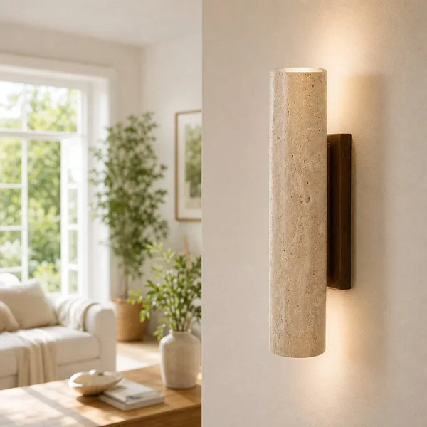 wabi sabi travertine wood tall column wall sconce