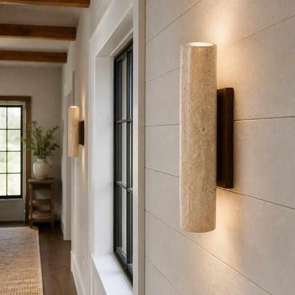 wabi sabi travertine wood tall column wall sconce