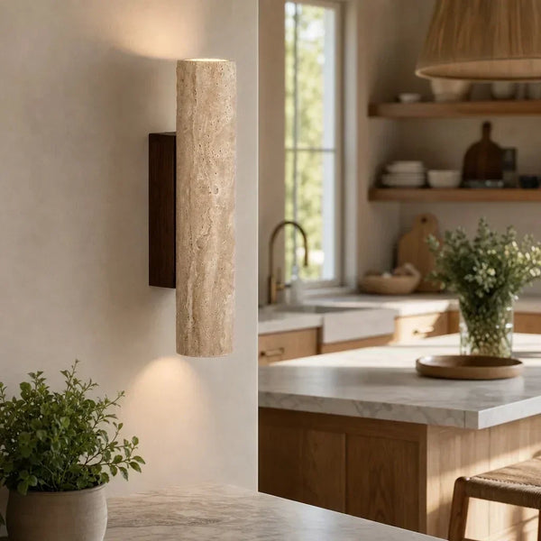 wabi sabi travertine wood tall column wall sconce