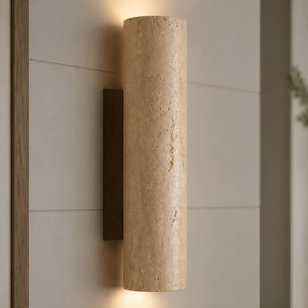 wabi sabi travertine wood tall column wall sconce