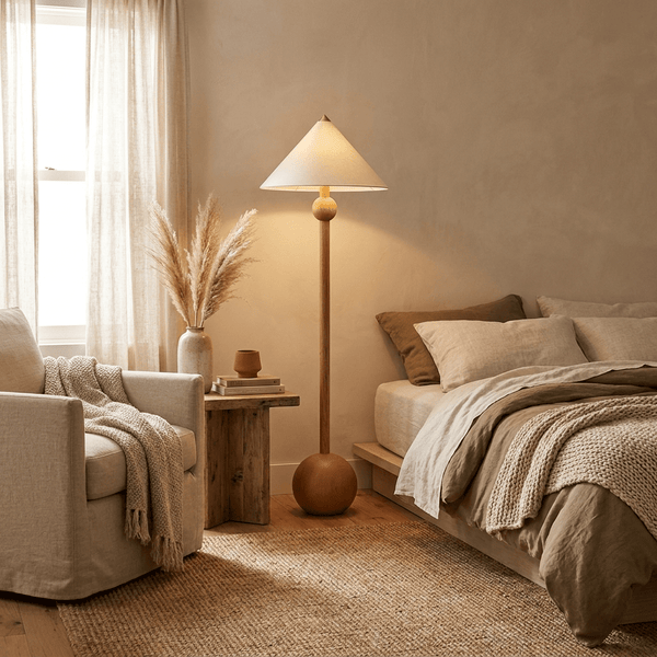 walnut beige fabric balance floor lamp