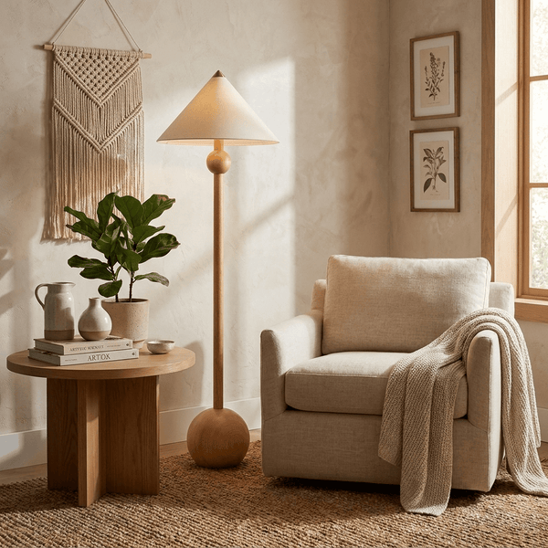 walnut beige fabric balance floor lamp