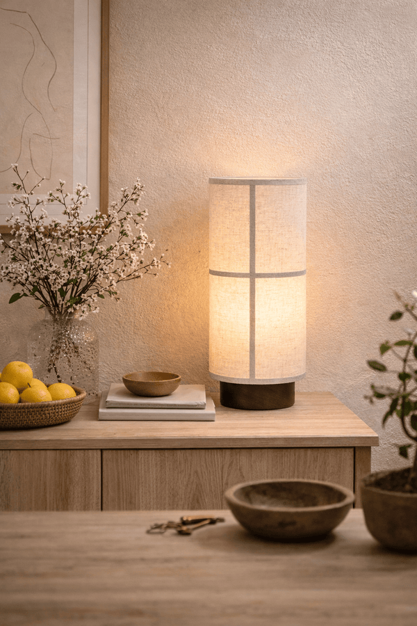 walnut fabric cylinder rechargeable table lamp