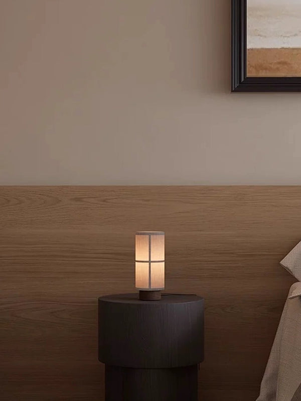 walnut fabric cylinder rechargeable table lamp