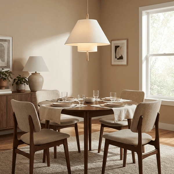 white fabric brass layered pendant light