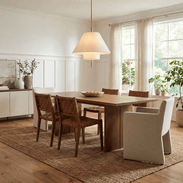 white fabric brass layered pendant light