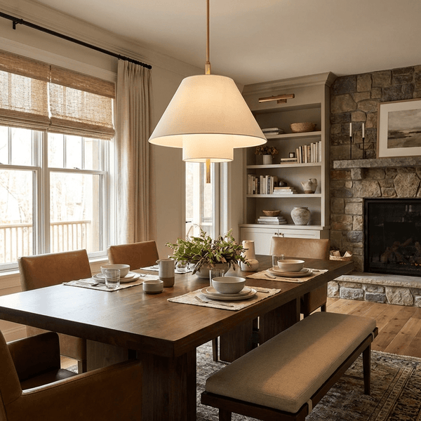 white fabric brass layered pendant light