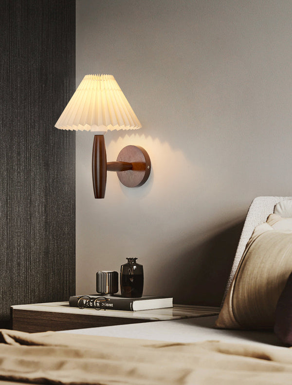 white linen pleated fabric wood wall sconce