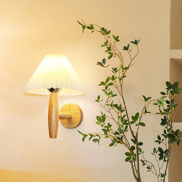 white linen pleated fabric wood wall sconce