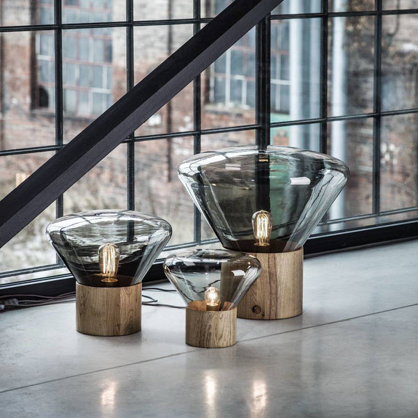 wood blown glass table lamp