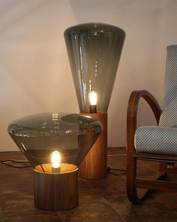 wood blown glass table lamp