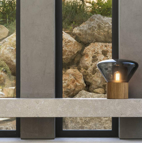 wood blown glass table lamp