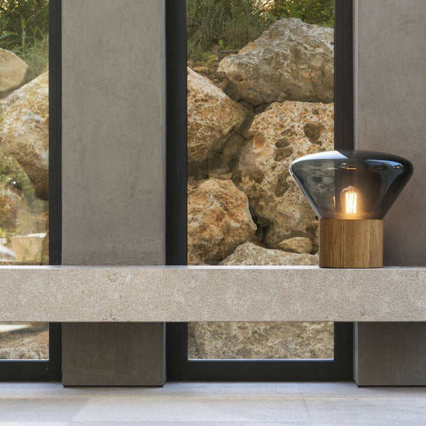 wood blown glass table lamp