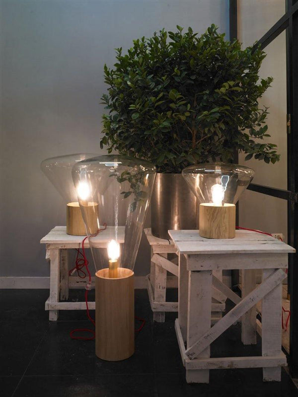 wood blown glass table lamp