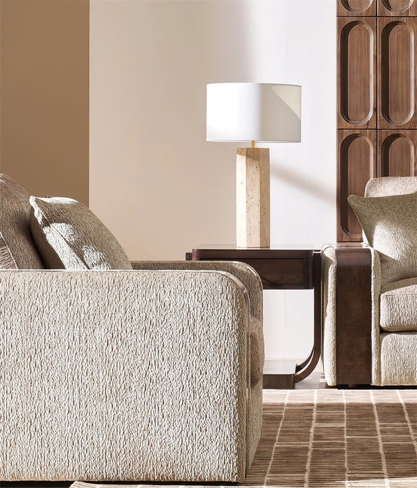 yellow travertine column table lamp off white shade