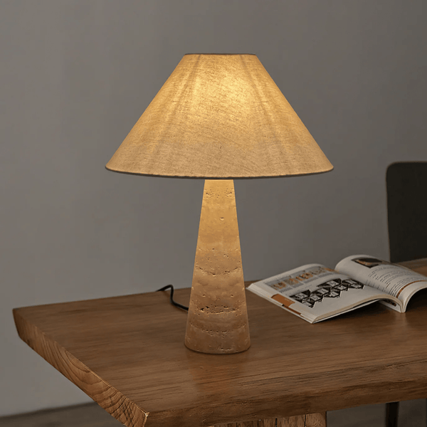 yellow travertine column table lamp off white shade