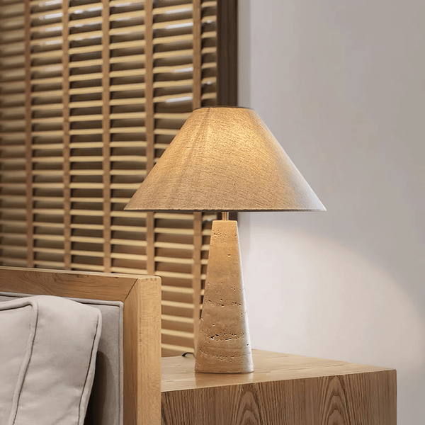 yellow travertine column table lamp off white shade